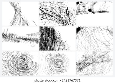 Set of abstract black and white backgrounds. Ink scribble textures as cards. Hand drawn illustrations prints. Abstract light trails painting. Pencil drawing strokes. Design elements stains. Vector.