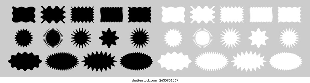 Set of abstract black and white badge shapes with wavy, starburst, and zigzag edges. Perfect for labels, stickers, sale tags, or retro graphic design