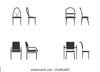Set of abstract black and white chair icon for lobby room. Front view and side view of different chair flat style, vector illustration