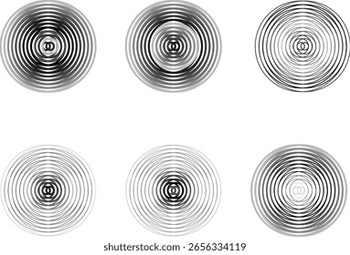 Set of abstract black and white concentric circles with gradient rings. Minimalist geometric design perfect for backgrounds, posters, and digital art.