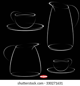 set of abstract black white cup of coffee with teapot isolated on black background. vector illustration