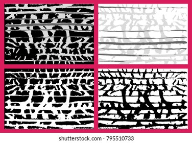 Set of abstract black and white dark backgrounds. Ink hand painted vector stripes, spots, blots, cracks, brush strokes. Chaotic modern grunge wallpaper for smart phone, screen saver, poster, card