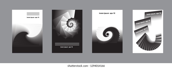 A set of abstract black and white design for the book cover, presentation, brochure, catalog, poster, magazine. Spiral design. Eps10 vector.