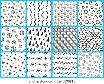 Set of abstract black and white doodle seamless patterns. Hand drawn vector backgrounds.