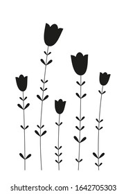 Set of abstract black and white flowers. Stylized botanical elements for design isolated on white background. Hand drawn vector illustration.