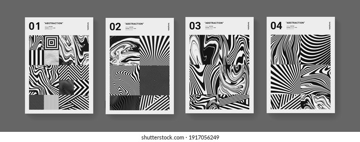 Set of Abstract black and white geometric posters. Modern monochrome pattern vector design. Mosaic texture. Optical illusion art.