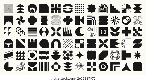 Set of abstract black and white geometric shapes vector. Collection of contemporary figure, flower, circle, sparkle, pixel, line. Design element perfect for banner, prints, stickers, decor.