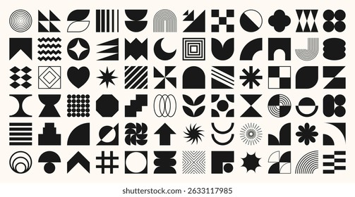Set of abstract black and white geometric shapes vector. Collection of contemporary figure, flower, circle, sparkle, pixel, arrow, line. Design element perfect for banner, prints, stickers, decor.
