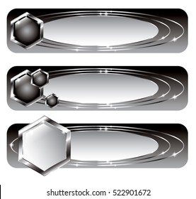 Set of abstract black and white geometric banners with silver elements, with space for your text. Vector illustration, on transparent background