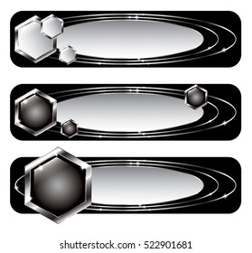 Set of abstract black and white geometric banners with silver elements, with space for your text. Vector illustration, on transparent background