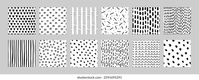 A set of abstract black and white hand drawn seamless patterns. Ideal for modern design projects, packaging, textiles, or backgrounds. Unique textures with a minimalist aesthetic for creative use.
