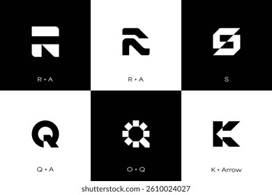 Set of abstract black and white letter logos combining initials and shapes. Modern, geometric design concepts for branding, tech startups, or creative identities.
