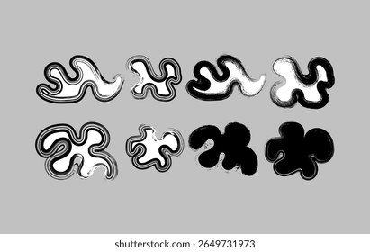 Conjunto de formas de blob líquido preto e branco abstratas com formas onduladas, orgânicas e texturas de pincel áspero. Perfeito para cartazes modernos, capas de álbuns, web designs ousados e projetos de marca artística.