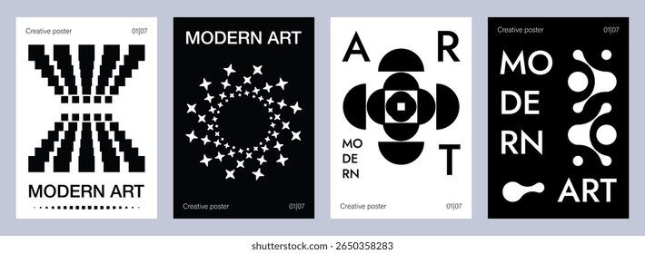 Set of abstract black and white modern art posters with geometric shapes, ideal for social media design, banner, card, brochure cover and print