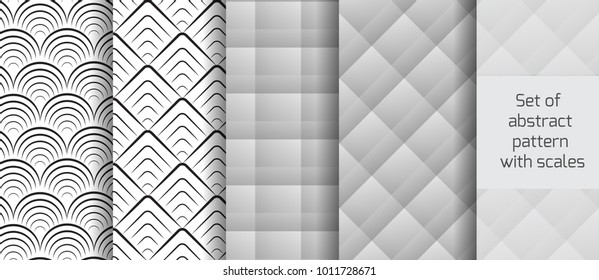 Set of abstract black and white patterns with scales. Vector gray backgrounds for your design.