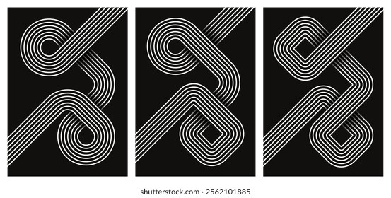Set of abstract black and white posters with geometric line art featuring interconnected curves and shapes. Design for backgrounds, modern design, posters and minimalistic artwork. Vector illustration