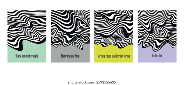 Set with Abstract black and white stripes and waves designs for copybook on vector