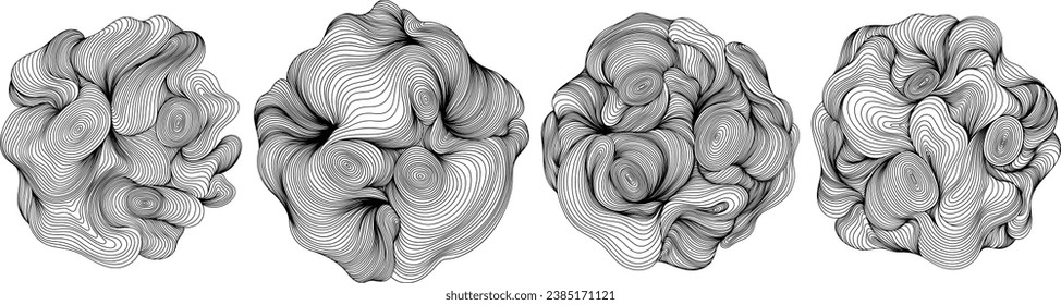 Set of abstract black and white wavy elements. Abstract tree rings topographic map concept. Thin black lines on white for your design.