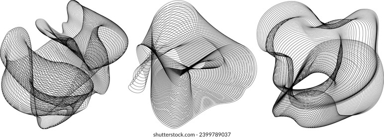 Set of abstract black and white wavy elements concept. Thin black lines on white for your design collection.