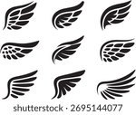 Set of abstract black wing icons in minimalist style. Vector illustration of angel or bird wings, suitable for logo, tattoo, emblem, aviation, or fantasy design concepts.