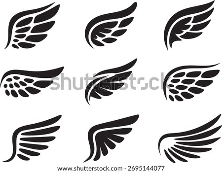 Set of abstract black wing icons in minimalist style. Vector illustration of angel or bird wings, suitable for logo, tattoo, emblem, aviation, or fantasy design concepts.