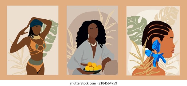 Afiches modernos de mujeres negras abstractas. Niñas afroamericanas de piel negra con antecedentes tropicales. Impresión de estilo boho, arte en la pared, tarjeta, cubierta, etc. Ilustraciones de arte vectorial de moda.