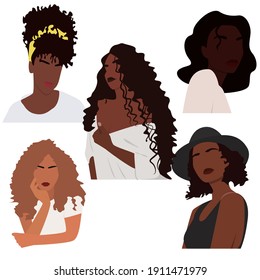 Set of abstract black women characters. Contemporary portraits. African american faceless female portrait. Clipart for, banner, poster, flyer, greeting card, web design, print design. Vector. EPS 10