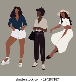 Set of abstract black women characters. Contemporary portraits. Modern Boho style background for art print, poster, card, decor, tote bag. EPS 10