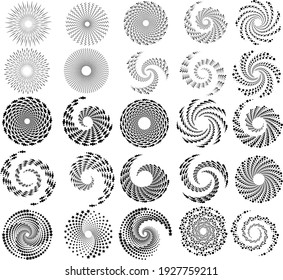 Set of abstract black zig zag halftone dots.white halftone dots in vortex form. Geometric art. Trendy design element.Circular and radial lines volute.Segmented circle with rotation
