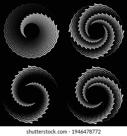 Set of abstract black zig zag 3d halftone dots.Black halftone dots in vortex form. Geometric art. Trendy design element.Circular and radial lines volute.Segmented circle with rotation