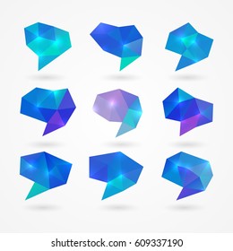 Set of abstract blank blue polygonal speech bubbles. Isolated on white background