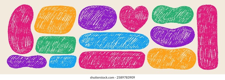 Conjunto de formas de blob abstratas de coração, oval e caixa de texto com textura áspera. Figura desenhada à mão com giz de cera e textura de giz. Ilustração do vetor de cores do Linocut em estilo retrô.