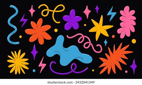 Set of abstract blob and shapes. Vector sticker pack. Collection of contemporary forms, funny balloon flower, bubble, loop, star, wavy and spiral elements. Trendy 70s, 90s 00s groovy cartoon style.