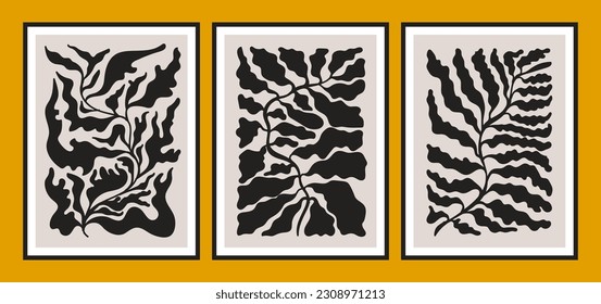 Set of abstract blossom flower posters. Trendy minimalistic aesthetic botanical wall arts with floral plants, leafs in boho or Matisse modern cut out style. Naive groovy vector illustrations