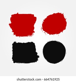Set of abstract blots. Grunge, sketch, graffiti, paint, ink. Four isolated spots. Vector illustration. Black and red colour.