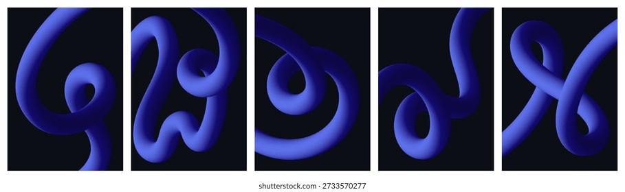 Set von abstrakten blauen 3D-Fluidkurven auf schwarzem Hintergrund