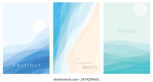 Set of Abstract blue beach watercolor waves background banner. Summer beach banner. Watercolor texture. Vector illustration.