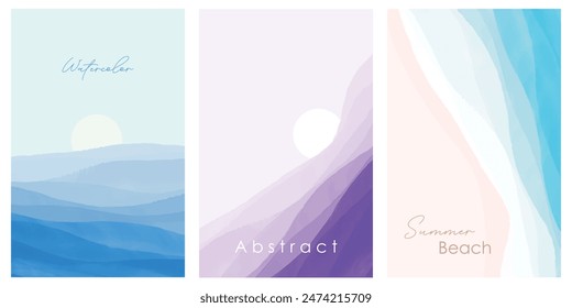 Set of Abstract blue beach watercolor waves background banner. Summer beach banner. Watercolor texture. Vector illustration.