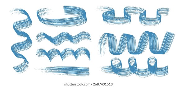 Conjunto de traçados de pincel azul abstrato, linhas onduladas desenhadas à mão e marcas de pintura texturizadas isoladas no plano de fundo branco. Elementos de design artístico grunge para decoração, cartaz, banner, bg, web ou arte gráfica