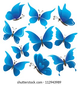 Setzen Sie abstrakte blaue Schmetterlinge mit geöffneten Flügeln auf weißem Hintergrund. Vektorgrafik