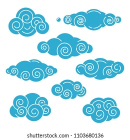 Set of abstract blue clouds in line art style on white background. Vector illustration