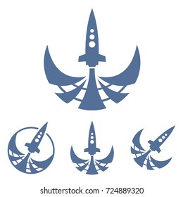 Set of abstract blue cosmic rocket icon.