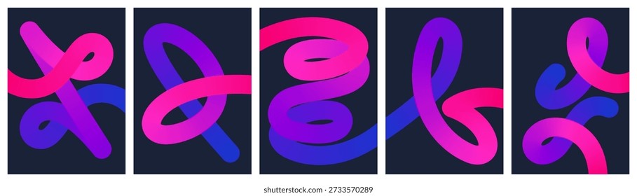 Set von abstrakten blauen und türkisen 3D-Fluidkurven auf dunklem Hintergrund
