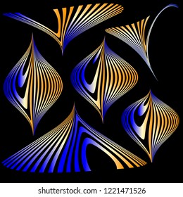 Set of abstract blue geometric vector logotypes with curved lines and gradient. Blue vector logo of tents, mountains and lanterns on a black background.