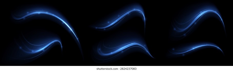 Set of abstract blue glowing light curves and swirls with abstract background electric illumination movement abstractart collection elements