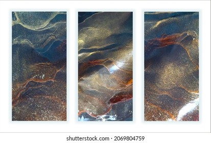 Conjunto de azul abstracto con fondo de mármol de partículas doradas.  Pintado a mano en la técnica de tinta alcohólica. Vector. Plantilla para banner, diseño de afiches. Pintura de arte fluido