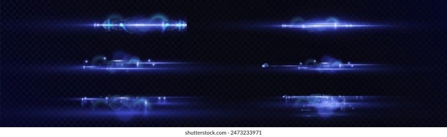 Set of abstract blue horizontal light effects of technological high speed light movement. Template for design and illustrations.