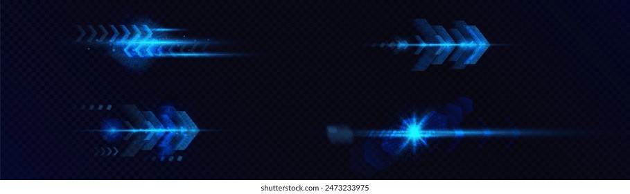 Set of abstract blue horizontal light effects of technological high speed light movement. Template for design and illustrations.