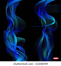 set of abstract blue line cyan wave navy band on black background vector