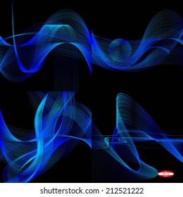 set of abstract blue line cyan wave navy band on black background vector